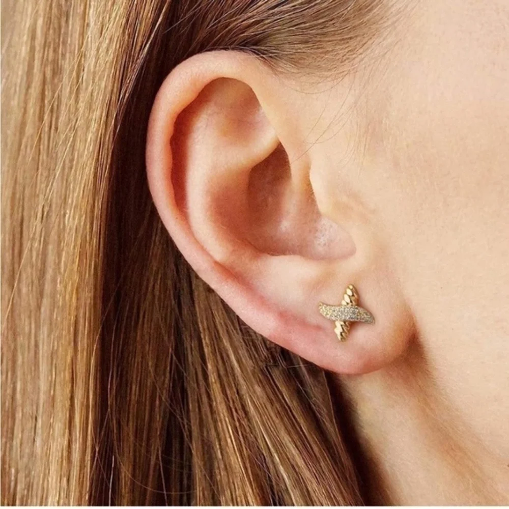 GOLD 14k Gold Plated Cubic Zirconia Cross Stud Earrings